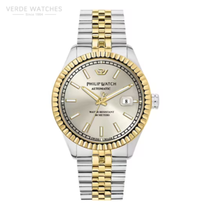 Two-tone Philip Watch automatic wristwatch with a gold bezel, silver dial, and a date window at 3 o'clock; water resistant to 50 meters.