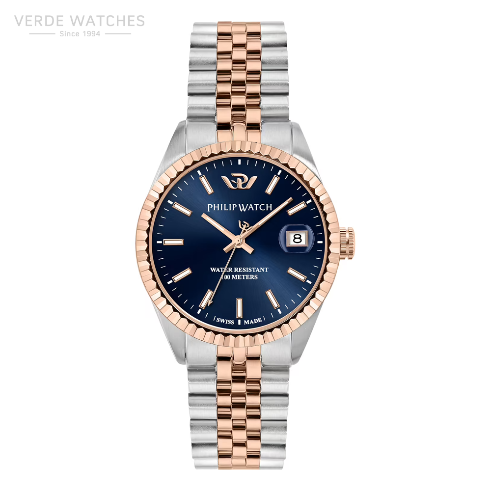 Two-tone stainless steel watch with rose-gold center links, blue dial, date window at 3 o'clock, and Philip Watch branding; water resistant to 100 meters.