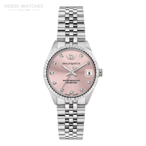 Ora për meshkuj VerdeWatch.Philip Watch women's stainless steel bracelet watch with pink dial, diamond hour markers, and date window at 3 o'clock.