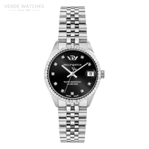 Ora për meshkuj VerdeWatch.Silver stainless-steel wristwatch with a black dial, diamond hour markers, and a date window at 3 o'clock, fluted bezel