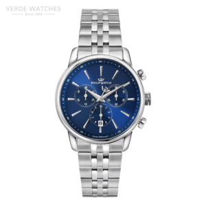 Ora për meshkuj VerdeWatch.Philip Watch stainless steel chronograph watch with a deep blue dial, three subdials, and a date window at 6 o'clock.