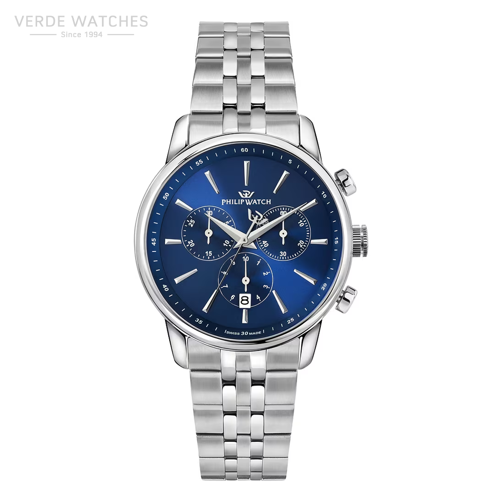 Ora për meshkuj VerdeWatch.Philip Watch stainless steel chronograph watch with a deep blue dial, three subdials, and a date window at 6 o'clock.