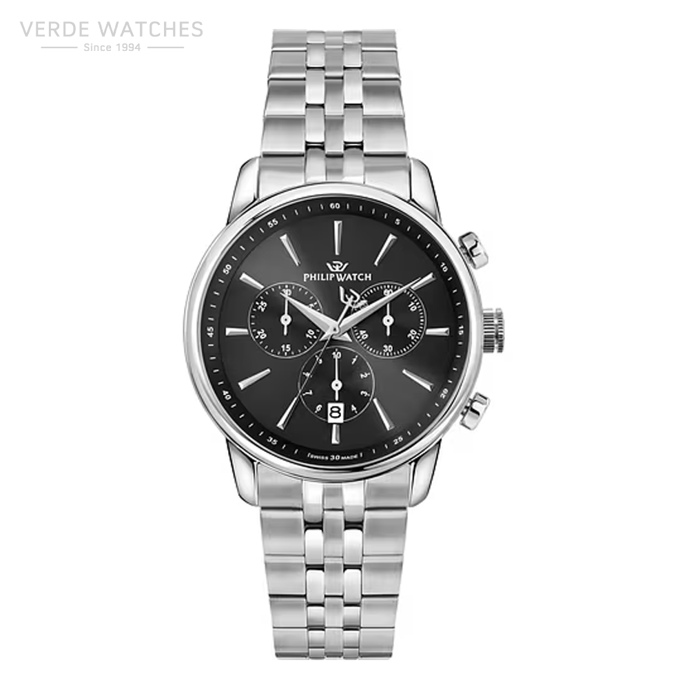 Ora për meshkuj VerdeWatch.Silver stainless steel chronograph wristwatch with a black dial, three subdials, a date window at 6 o'clock, and a link bracelet.