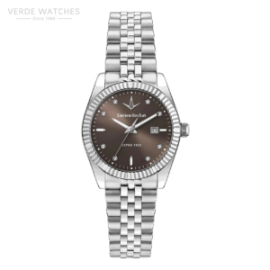 Lucien Rochat stainless steel watch with brown dial, diamond hour markers, date window at 3 o'clock, and a fluted bezel.