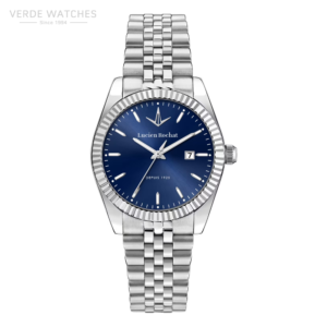 Lucien Rochat stainless steel watch with blue dial, fluted bezel, five-link bracelet, and date window at 3 o'clock.