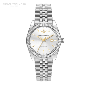 Lucien Rochat stainless steel wristwatch with silver dial, gold hands, and a date window at 3 o'clock.