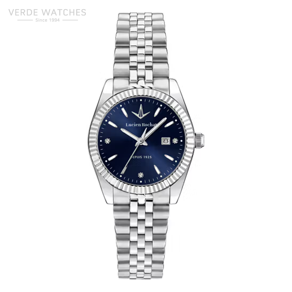 Stainless steel wristwatch with a blue dial, fluted bezel, date window at 3 o'clock, and a metal link bracelet.