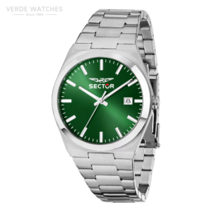 Silver metal wristwatch with a green dial, Sector brand logo, and a small date window showing 8, angled to highlight the bracelet.