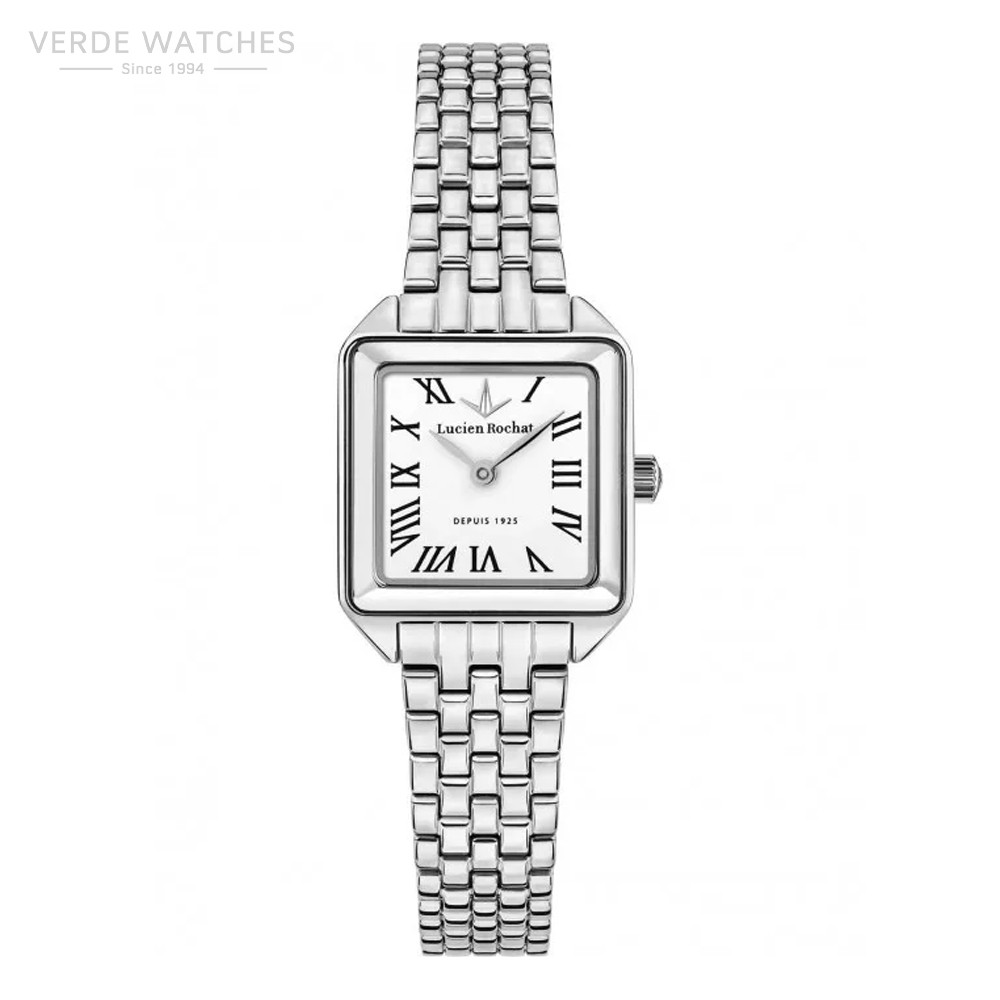 Silver wristwatch with square case, Roman numeral dial, and a metal link bracelet (Lucien Rochat).