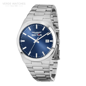 Silver stainless steel wristwatch with a blue dial, white hour markers, and a date window at 3 o'clock.