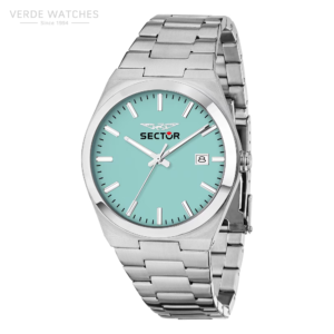 Stainless steel Sector wristwatch with a turquoise dial, white hour markers, and a date window at 3 o'clock.
