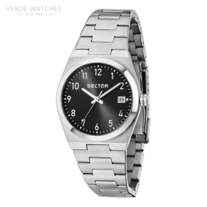 Stainless steel Sector wristwatch with black dial and date window on a metal bracelet