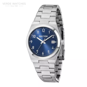 Silver stainless steel watch with blue dial and date window, Sector brand.
