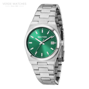 Stainless steel Sector wristwatch with a green sunburst dial and date window at 3 o'clock