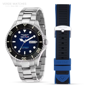 Stainless steel Sector dive watch with blue dial and day/date window, shown with a blue silicone strap.