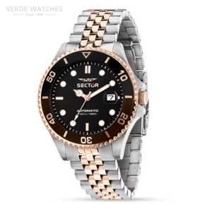 Two-tone steel and rose-gold dive watch with black dial and date window