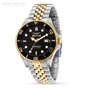 Two-tone stainless steel Sector automatic watch with black dial, gold bezel, and date window at 3 o'clock