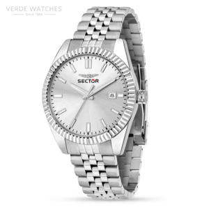 Silver Sector wristwatch with a fluted bezel and metal link bracelet, angled to show the case and band.