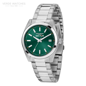 Stainless steel Sector wristwatch with green dial, date window at 3 o'clock, and silver indices.