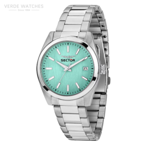 Stainless steel watch with a turquoise dial, white markers, and date display at 3 o'clock on a metal bracelet (VERDE WATCHES). Example product image, Sector brand area visible.