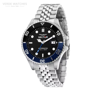 Stainless steel Sector automatic dive watch with black dial, blue bezel, date window, and a metal bracelet.
