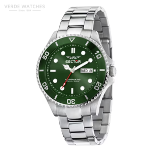 Green dial Sector automatic diver's watch with a stainless steel bracelet and unidirectional bezel showing day/date window (Wed 8)