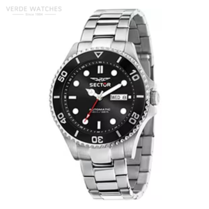 Stainless steel diver-style wristwatch with black dial, white hour markers, and day-date display at 3 o'clock.
