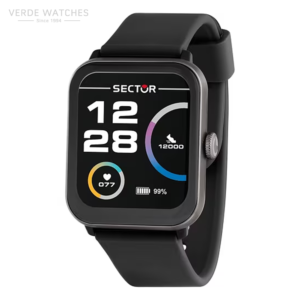 Sector smartwatch with black strap showing time 12:28 and fitness metrics on a dark display.