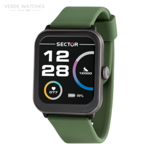 Green-square smartwatch with a green band, showing 12:28 on a black display, colorful activity rings, 12,000 steps, heart rate 77, and 99% battery; Verde Watches branding in the corner.