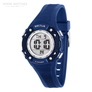 Blue Sector digital sports watch with a round display and textured strap, angled to show the face and side buttons.