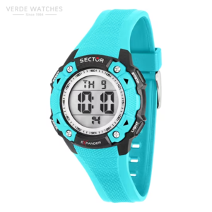 Turquoise digital sports watch with a black bezel and textured strap, showing 10:10 on the digital display and several control buttons.
