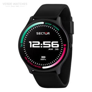Black round smartwatch with a black strap showing time 12:56 AM, battery at 98%, heart icon, and health metrics on the watch face (steps and activity ring). Watermark reads Verde Watches in the corner.