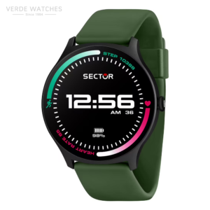 Green-band Sector smartwatch with a round black display showing 12:56 AM, 98% battery, heart-rate arc, and activity indicators.