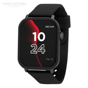 Black square smartwatch with a black band, displaying 10:24 and Tue 07, Sector logo on the screen.