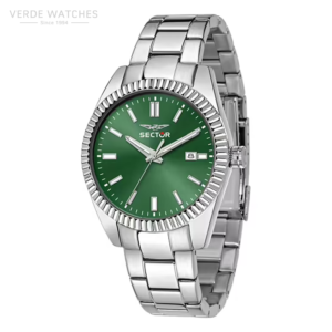 Stainless steel watch with a green dial, date window at 3 o'clock, Sector brand.