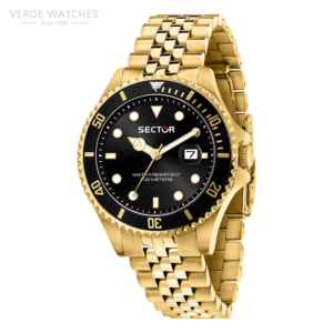 Gold-tone Sector dive watch with black dial, rotating bezel, and date window on a white background