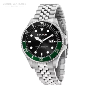 Stainless steel Sector dive watch with black dial, green unidirectional bezel, and date window at 3 o'clock