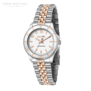 Two-tone silver and rose-gold Sector wristwatch with white dial and rotating bezel on a metal bracelet (100 meters).