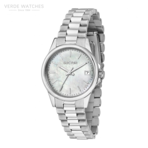 Silver stainless steel Sector wristwatch with a mother-of-pearl dial and date window at 3 o'clock, angled view with metal bracelet.