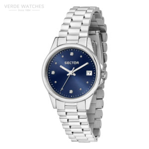 Stainless steel Sector wristwatch with a blue dial, diamond-like hour markers, and a date window at 3 o'clock.