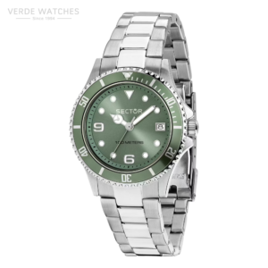 Sector watch with green dial, stainless steel bracelet, date window, and 100 meters water resistance (diver style).