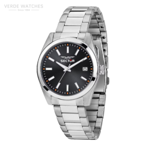 Stainless steel Sector wristwatch with a black dial, silver hands and hour markers, orange accents, and a date window at 3 o'clock.
