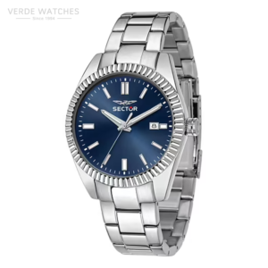 Silver stainless steel Sector wristwatch with a blue dial and date window at 3 o'clock.