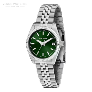 Silver stainless steel wristwatch with a green dial, date window at 3 o'clock, and a linked bracelet.