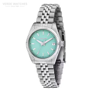 Silver stainless steel watch with mint green dial and date window at 3 o'clock.