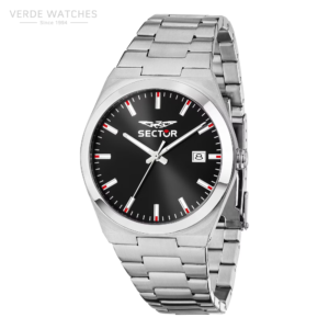Stainless steel Sector wristwatch with black dial, date window at 3 o'clock, and silver hands against a white background