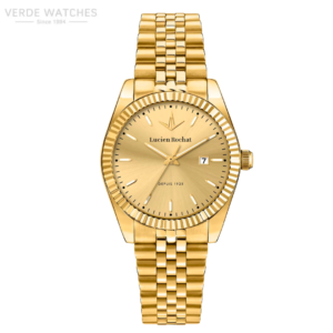 Gold-toned wristwatch with fluted bezel, brushed dial, date window at 3 o'clock, and Lucien Rochat branding.
