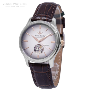 Luxurious silver watch with brown leather strap, open-heart dial showing movement, Lucien Rochat automatic watch