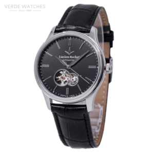 Automatic wristwatch with black dial, silver case, and open-heart movement visible at 6 o'clock, black leather strap. Name 'Lucien Rochat' on dial.