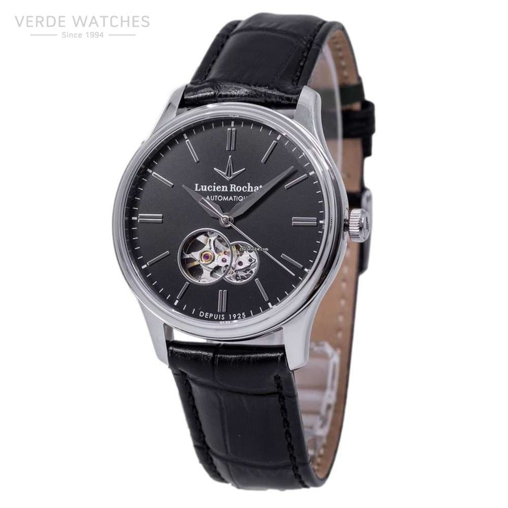 Automatic wristwatch with black dial, silver case, and open-heart movement visible at 6 o'clock, black leather strap. Name 'Lucien Rochat' on dial.